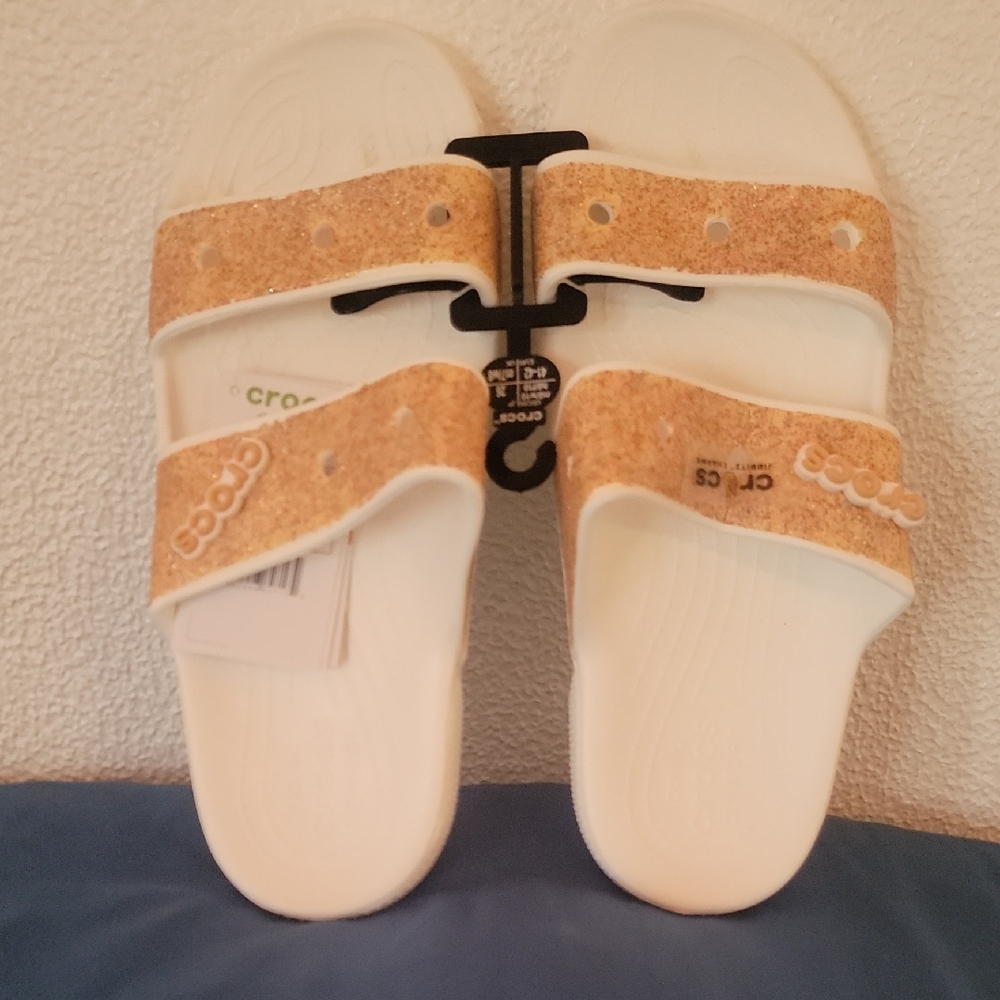 CROCS White Slides with Orange Sorbet Glitter Double Straps